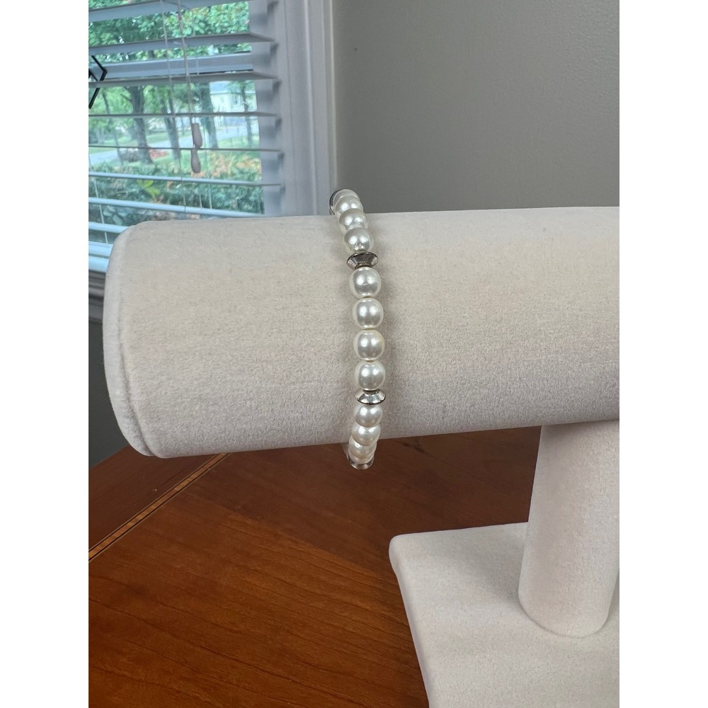 White Faux Pearl Stretch Bracelet Silver Tone Spacer Accents Women Accessory